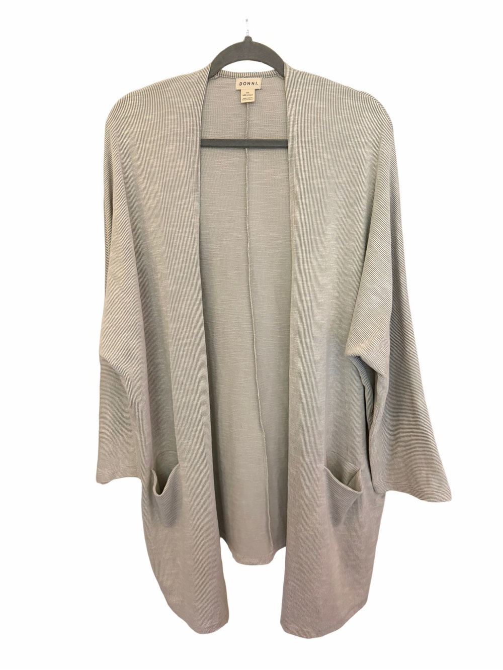 DONNI. Ribbed Relaxed Open-Front Lightweight Cardigan in Heather Grey